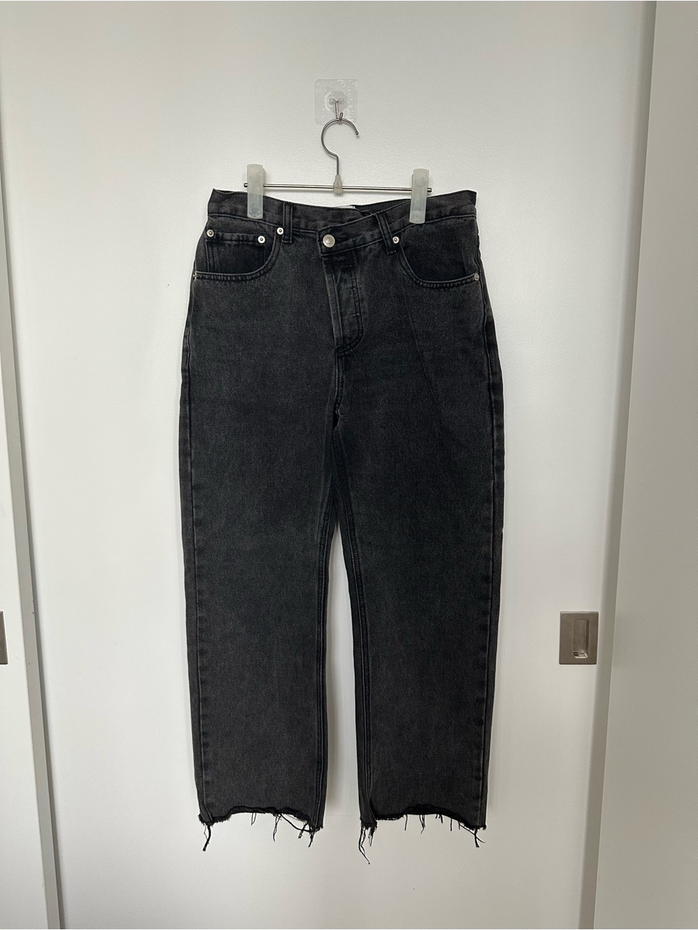 Princess Polly Criss-Cross Waist Washed Black Straight Jeans